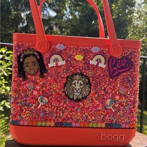 Women's Orange Tote Bag with Colorful Embellishments